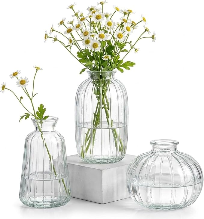 Glass Bud Vases Set of 3, Small Flower Vases in Bulk, Mini Ribbed Vases for Centerpieces, Clear Vintage Vase for Table Decorations, Wedding, Party, Receptions, Home Decor (Clear)