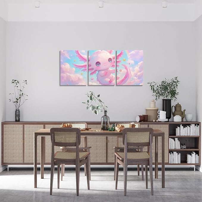 Feelyou Kids Cute Axolotl Picture Wall Decor Galaxy Cloud Wall Painting Posters and Prints Boys Girls Cartoon Animal Canvas Wall Art for Living Room Bedroom Rainbow Bathroom Wall Art 12"x16"x 3Pcs