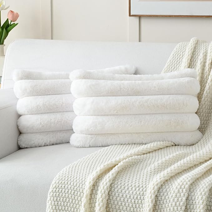 HAUSSY 2 Pack Lumbar Pillow Covers 12x20 Inch, Faux Fur Decorative Couch Throw Pillows Soft Striped Plush Cushion Covers Home Decor Cute Furry Pillowcase for Living Room Sofa Bed, Cream White