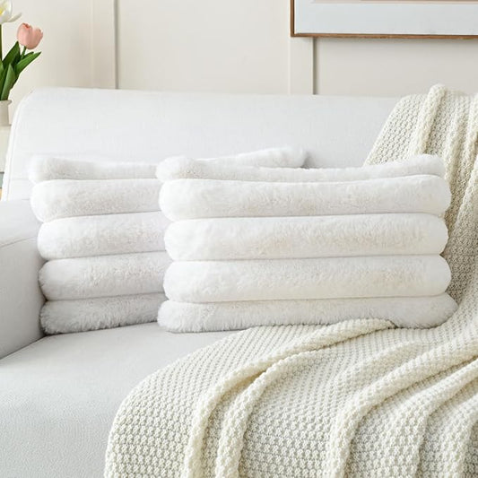 HAUSSY 2 Pack Lumbar Pillow Covers 12x20 Inch, Faux Fur Decorative Couch Throw Pillows Soft Striped Plush Cushion Covers Home Decor Cute Furry Pillowcase for Living Room Sofa Bed, Cream White