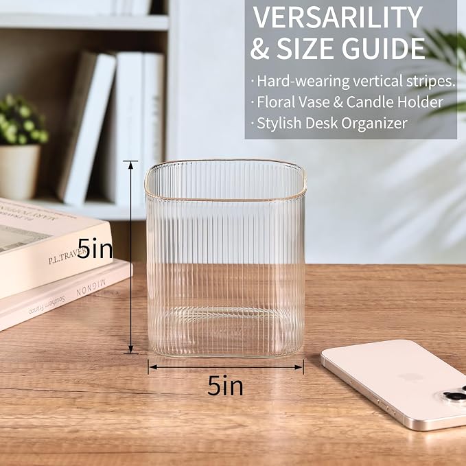 Square Clear Glass Vases Set of 6, 5" x 5" x 5" Flower Vases for Centerpieces, Square Vase for Centerpieces, Small Ribbed Flower Vases for Wedding, Party, Home Office Decoration