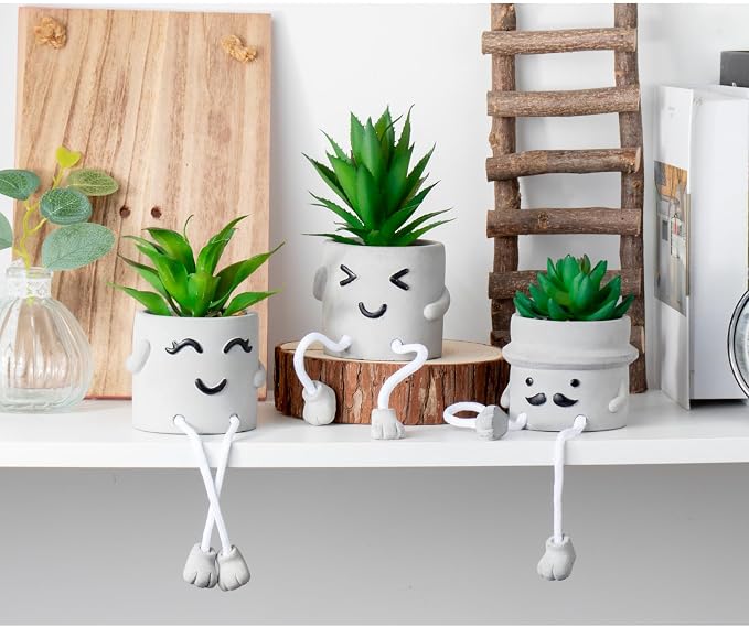 3 Pack Cute Fake Succulent Plants with Hanging Legs, Funny Desk Decor for Women, Small Artificial Plants in Funny Cement Pots, Cute Shelf Sitters for Office Desk Home Decorations