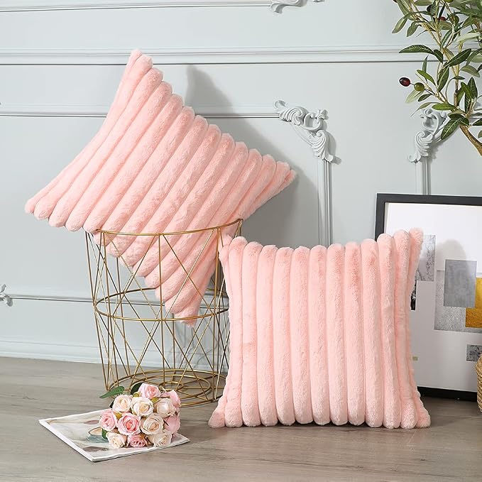 Soleebee Set of 2 Throw Pillow Covers Soft Cozy Velvet Pillowcase Faux Rabbit Fur Cover for Couch Sofa Bed Chair Home Decorative Pillows Cover (20x20 Inch, Pink)