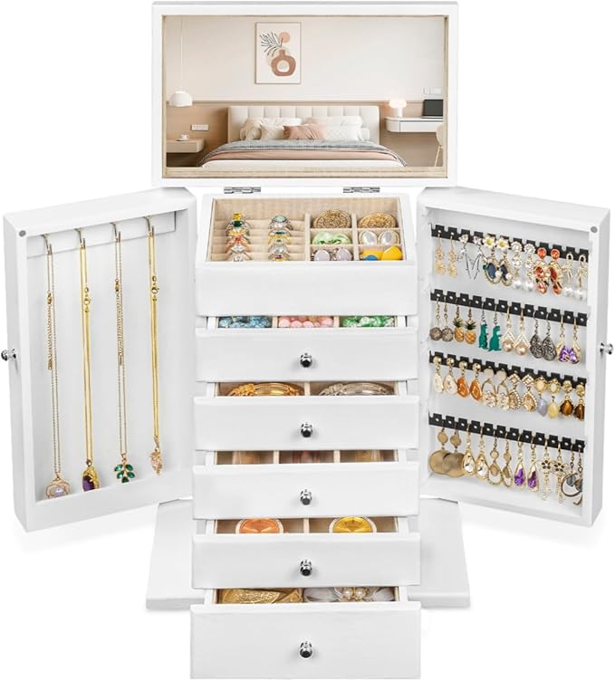 Emfogo Wooden Jewelry Box for Women, 6-Tier Large Jewelry Organizer Boxes with Mirror Rustic Solid Wood jewlery Storage for Rings Earrings Necklaces Bracelets watches(White)