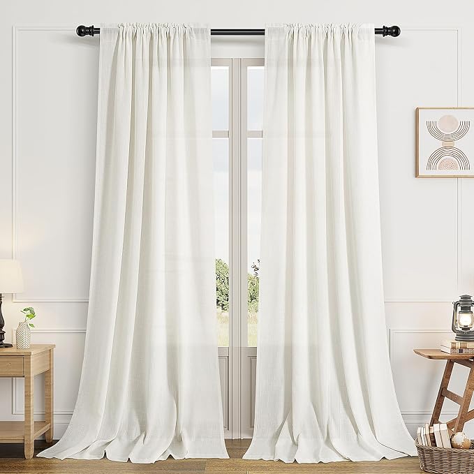 Extra Long Linen Curtains 144 Inches Long for Living Room Natural Cream Semi Sheer Curtain Rod Pocket 2 Panels Set Boho Farmhouse Light Filtering Window Drapes for Bedroom Beige Ivory 52x144