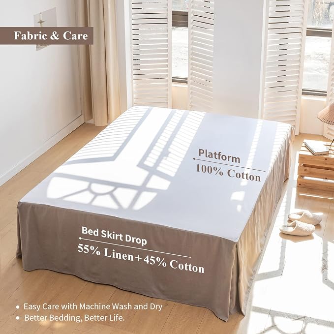 BISELINA French Linen Bed Skirt with Pleated Corner 22-Inch Tailored Drop Natural Flax Cotton Blend Basic Dust Ruffle Soft Cozy Farmhouse Bedding (22" Queen, Basic Grey)