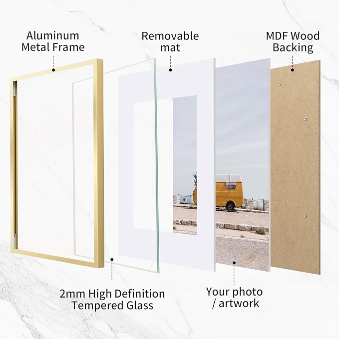 24x28 Metal Picture Frame with 22x26 Mat, Brushed Aluminum Finish, Tempered Glass, and Attached Hanging Hardware - Versatile Wall Display Frames for Vertical or Horizontal Orientation, Gold, 1 Pack
