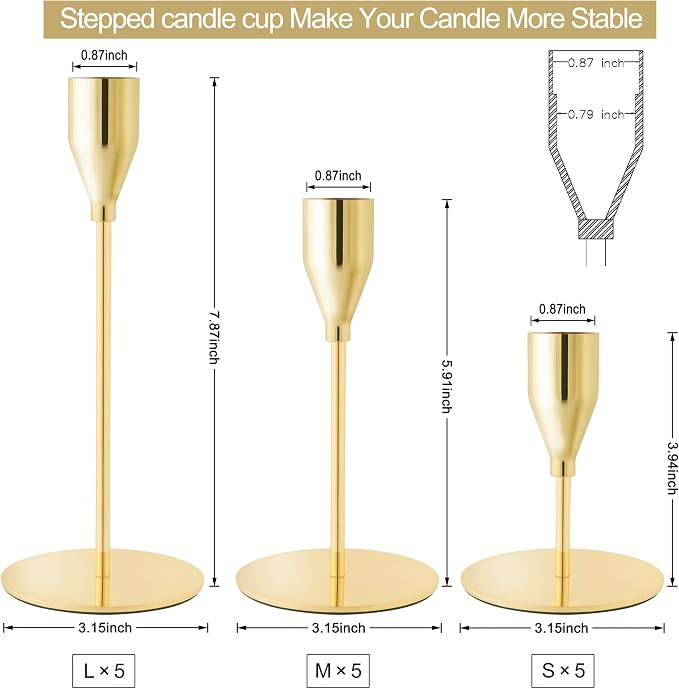 Gold Candlestick Holders, Metal Taper Candle Holders, Bulk Set of 15 | Elegant gold candle stands, 3 heights,for wedding centerpieces, dining tables, mantels, Thanksgiving,Christmas and home decor