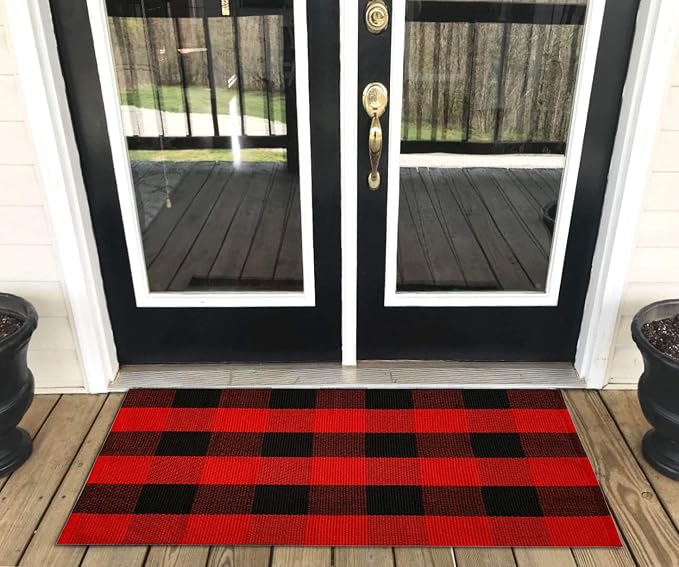 LEVINIS Christmas Buffalo Plaid/Check Indoor/Outdoor Rugs- Checkered Outdoor Rug, Outdoor Plaid Doormat for Front Porch/Kitchen/Laundry Room Welcome Layered Mat, 23.6'' x 51.2''