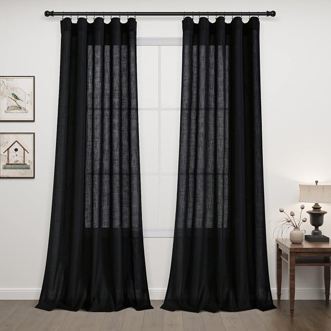 Black Linen Curtains 84 Inch Length for Living Room Bedroom 2 Panels Set Rod Pocket Light Filtering Semi Sheer Window Curtains 52 Inch Width Boho Farmhouse Linen Drapes, W52xL84