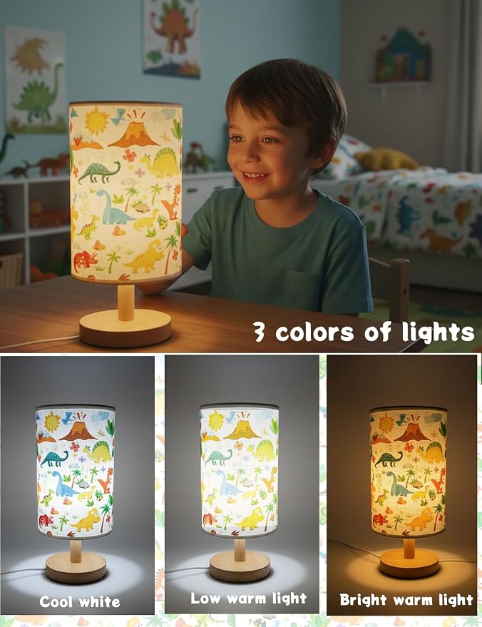 Dinosaur Lamp for Boys Room, 3 Colors Nightstand Light, Round Wood Base Flaxen Fabric Desk Lamp for Kids Room, Dino Lamp Gift for Boy (LED Bulb Included)