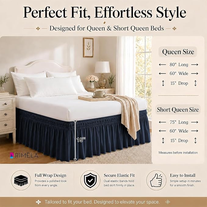Navy Blue Bed Skirt Queen Size 15" Drop, Elastic Wrap Around Bedskirt | Solid Ruffled, Easy to Use, No Mattress Lifting, Wrinkle & Fade Resistant, with Adhesive Strips, Machine Wash/Dry/Iron