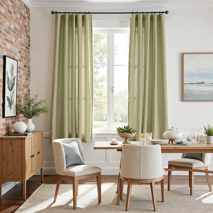 jinchan Linen Curtains Light Filtering Back Tab 50x72 Inch 2 Panels Green | Semi Sheer Curtains 72 inch length for Bedroom Living Room, Modern Farmhouse Drapes with Rod Pocket, Natural Boho Curtains