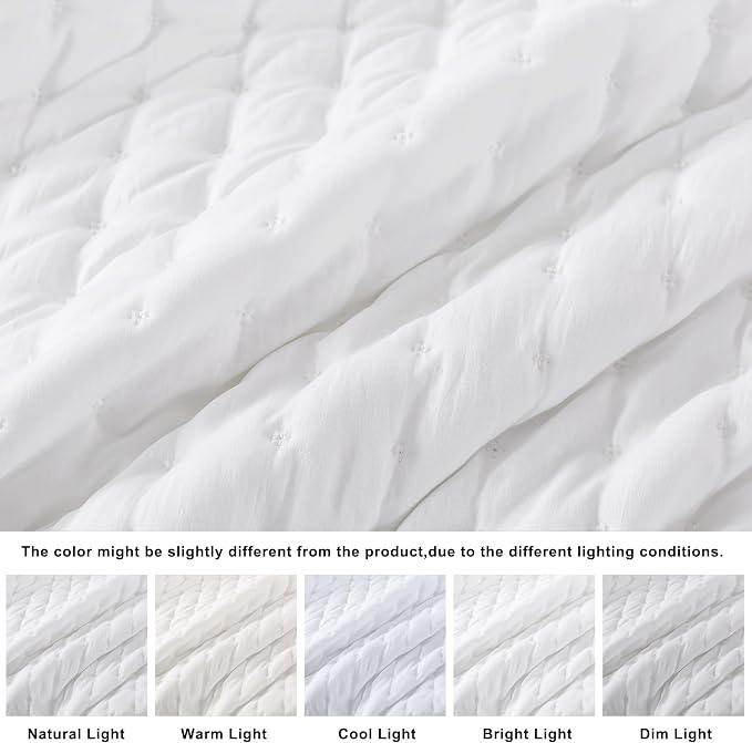 WDCOZY White Cloud Quilt Set King Size, Lightweight Soft Cross Stitch Bedspread, Farmhouse Rustic Country Coverlet, Spring Summer Thin Comforter, 3 Pieces, 2 Pillow Shams, 104x90 inches