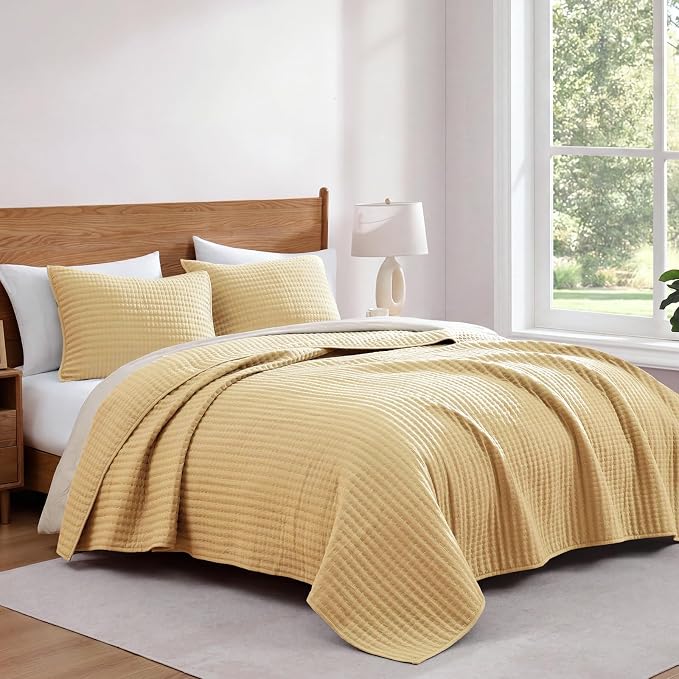 WRENSONGE King Size Quilt-Lightweight Bedspreads Yellow King Quilt Bedding | Soft Coverlet with 2 Pillow Shams for All Seasons, Suitable for Bed, Couch, 3 Pieces, 106"x94"