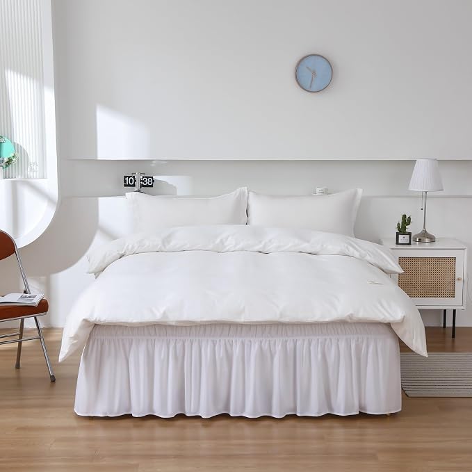 MEILA Wrap Around Elastic Bed Skirt for Queen & King Beds, 16" Drop, White | Three-Side Adjustable Elastic Dust Ruffle, Ruffled Polyester Fabric, Easy to Install, Fade Resistant & Machine Washable