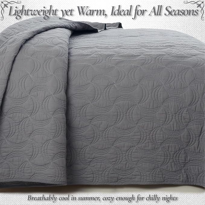 Cozy Line Home Fashions Charcoal Gray Cotton Quilt Set – 3-Piece Solid Textured Quilted Bedspread with Shams, Lightweight All Season Modern Bedding (Geometric - Gray, King - 3 piece)