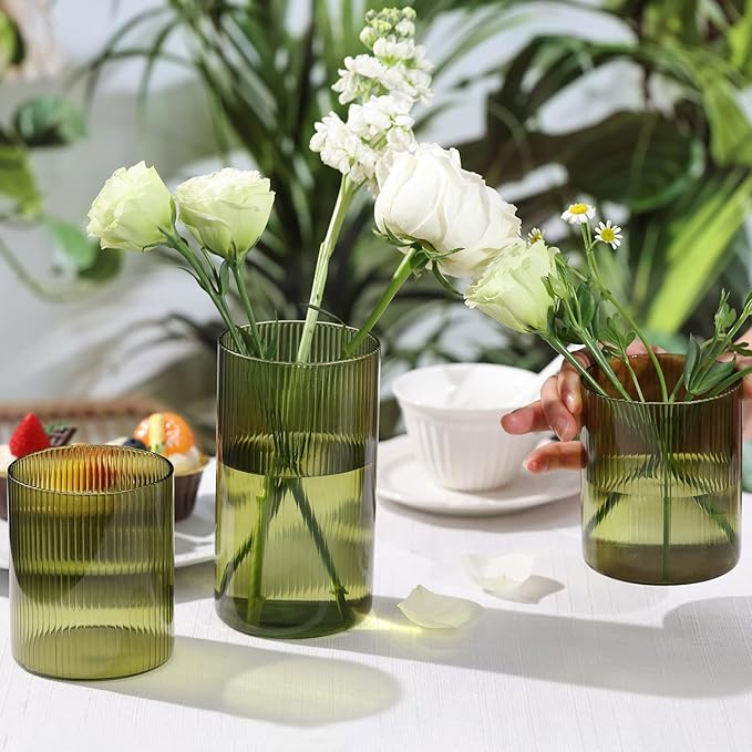 6 Green Ribbed Cylinder Glass Vases for Wedding Centerpieces & Table Decor | Green Ribbed Borosilicate Glass Vases Bulk, Hurricane Candle Holders for Wedding Centerpieces & Home Decor