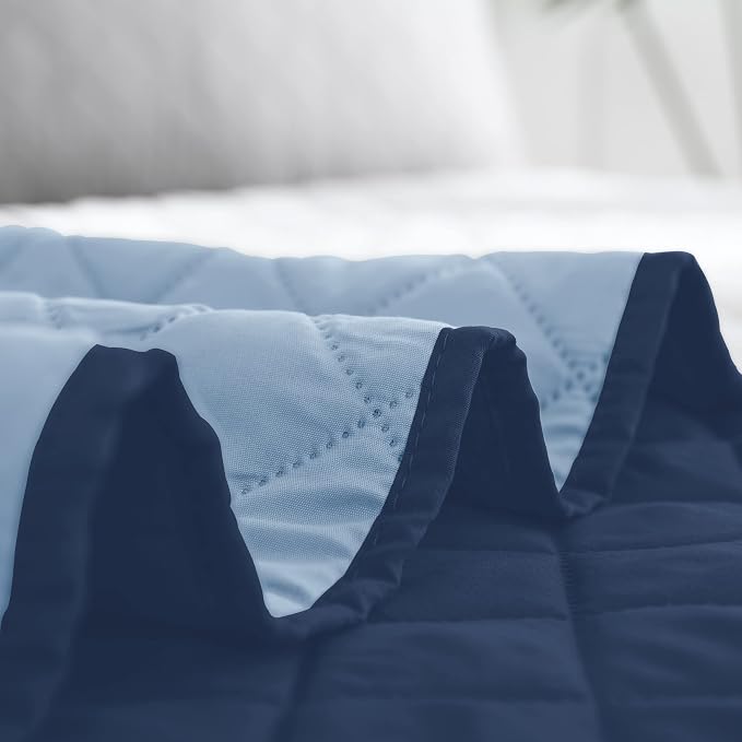 Easy-Going Full/Queen Size Reversible Quilt Set with 1 Quilt and 2 Pillow Shams, Soft Bed Quilt Cover, Water Resistant Lightweight Microfiber Bedspread, Stain Resistant, Dark Blue/Light Blue | Dark Blue/Light Blue, Lightweight Bed Comforter, 1 Quilt + ...