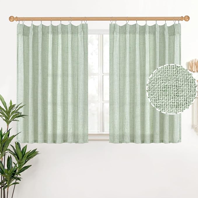 YoungsTex Sage Geen Kitchen Linen Curtains 36 Inch Length, Light Filtering Short Burlap Textured Drapes for Cafe Bathroom Small Window Rustic Country with Pinch Pleated, 2 Panels, 40 X 36 Inch
