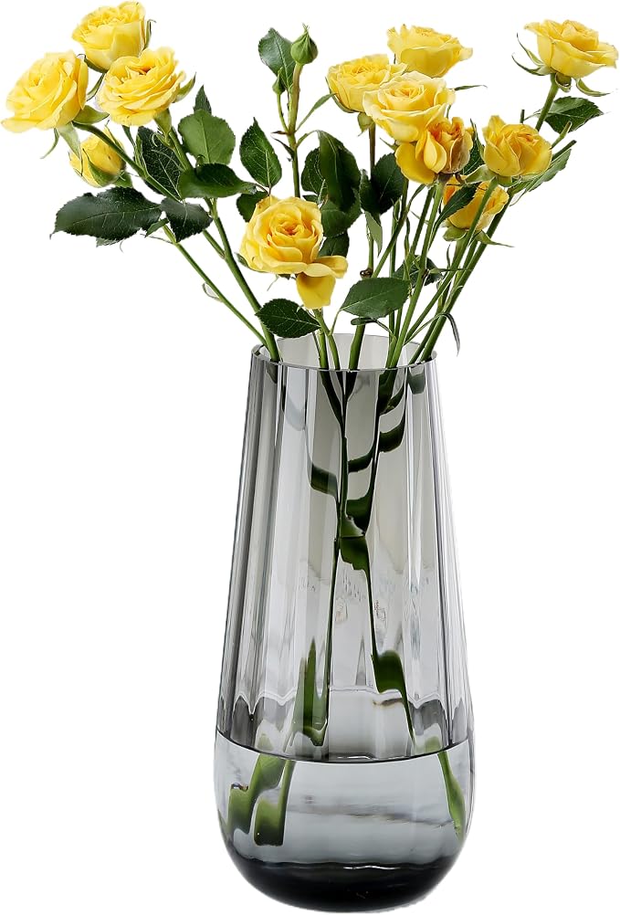 Black Grey Glass Vase Modern Flower vases for Bouquet,H-9.8" Tear Drop Design for Home Floor Decor,Farmhouse Decor, Centerpiece Office Table Decorations(Grey)
