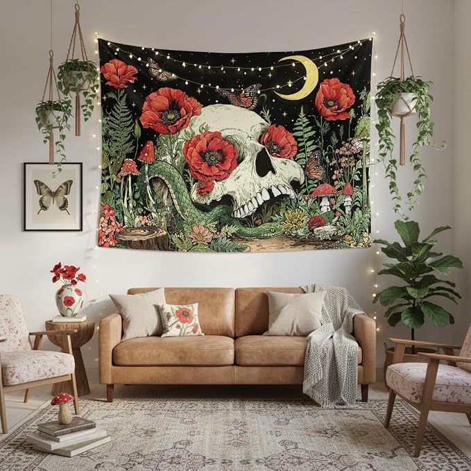 Accnicc Floral Skull Tapestry Vintage Flower Gothic Skeleton Tapestries Wall Hanging Mushroom Butterfly Plant Snake Horror Large Tapestry for Bedroom Living Room Dorm 80 x 60 inch
