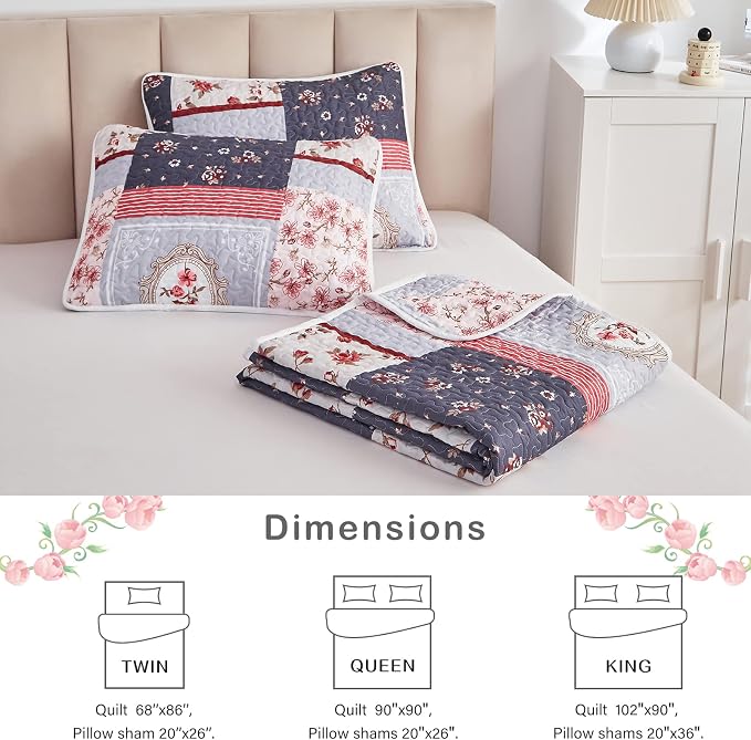 Patchwork Quilt Set Full/Queen Size, 3 Pieces Pink Purple Floral Plaid Summer Bedspread Coverlet Set, Soft Microfiber Lightweight Bed Cover for All Season (90" x 90", 1 Quilt+ 2 Pillow Shams)