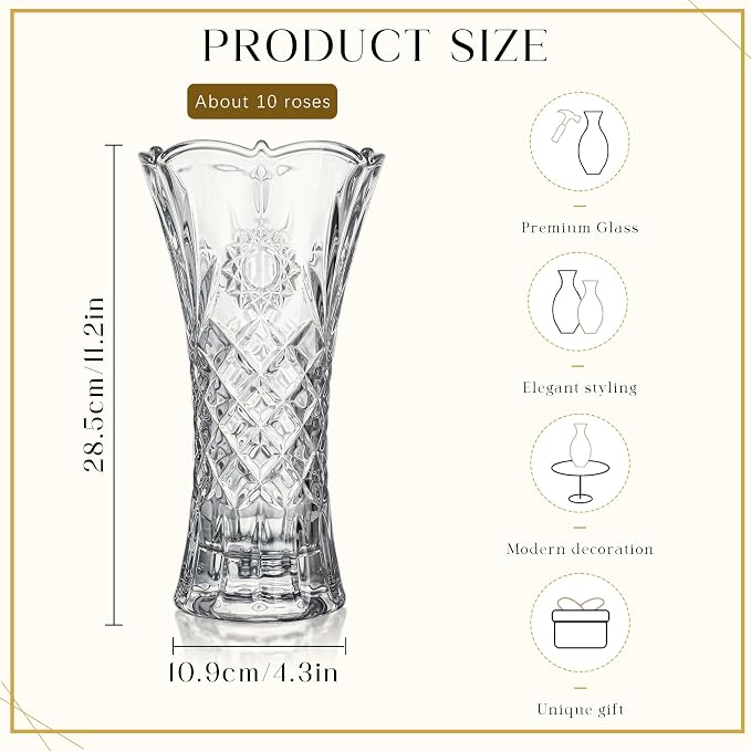 11.2'' Tall Vase for Flowers Thickened Crystal Vase Clear Glass Vases | 1 Piece Crystal Flower Vase for Bouquet Decorative Vase for Living Room Dining Table Centerpiece Home Decor Housewarming Gift