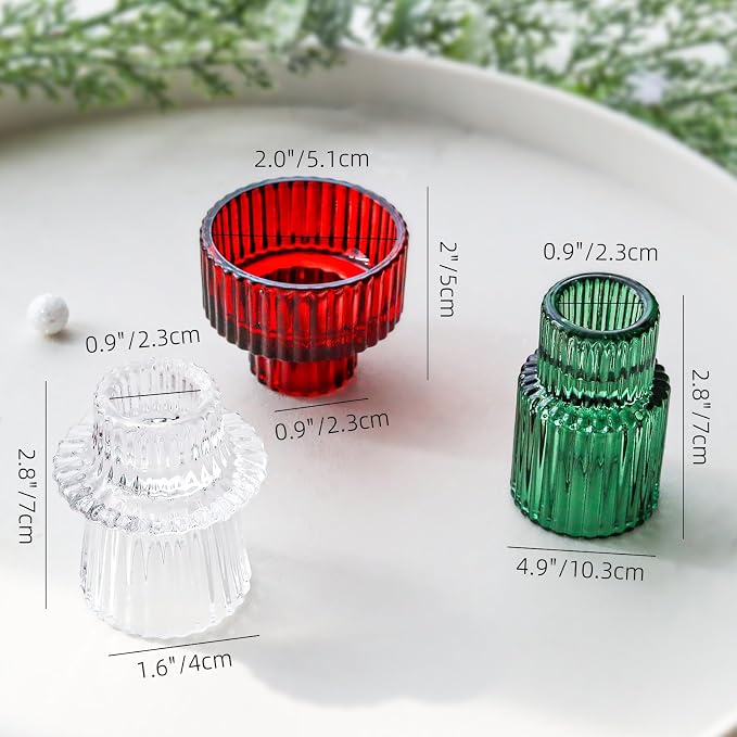 Christmas Class Candlestick Holders 6PCS Red Green Ribbed Taper Candlestick Holders for Tealight Candles Christmas Table Centerpieces Indoor Decoration
