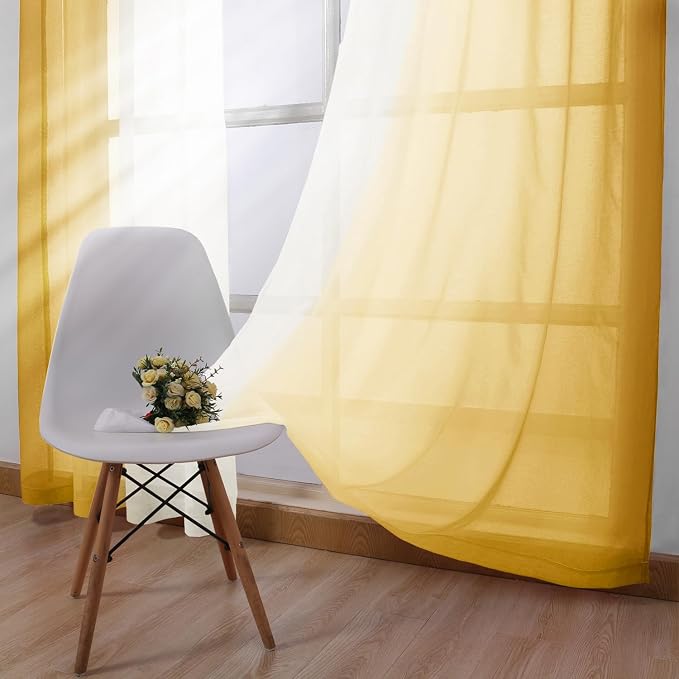DWCN Ombre Sheer Curtains - 84 inches Faux Linen Semi Voile Gradient Light-Filtering Bedroom and Living Room Curtains, Set of 2 Grommet Top Window Drape Panels, 60 x 84 Inch Length, Mustard Yellow
