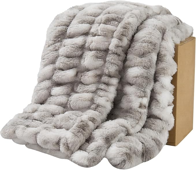 Lotus Karen Faux Fur Throw Blanket, 900 GSM Dual-Sided Soft Ruched Twin Blanket for Couch, Fluffy Cozy Fuzzy Plush Throw Gifts for Women Man Bedroom Living Room (Tie-Dye Dark Gray, 60"x80")