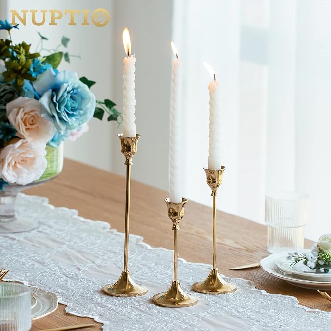 Candlestick Holders Taper Candle Holders, Set of 3 Candle Stick Holders Set, Brass Gold Candlestick Holder Set, Vintage Modern Decorative Centerpiece for Table Mantel Wedding Housewarming Gift | Set of 3 Solid Brass Candle Stick Taper Holder Chic Cente...