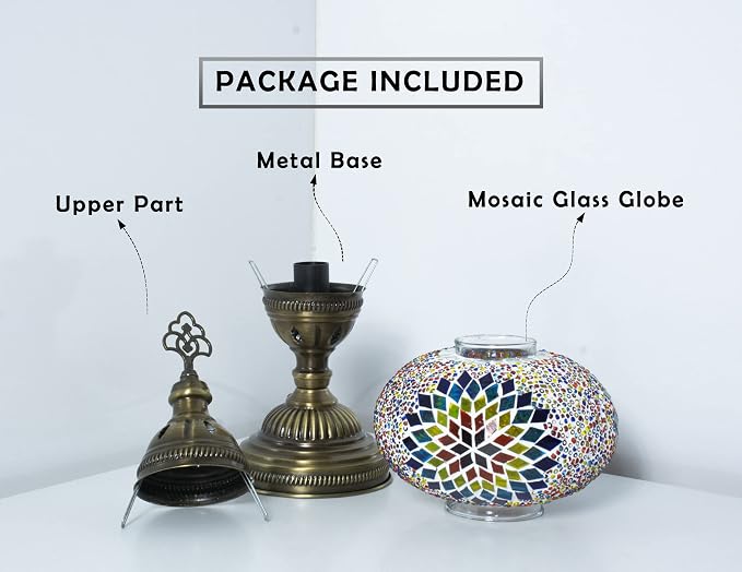 Turkish Mosaic Lamp with Bulb – Handmade Star Fire Stained Glass Table Light, Antique Bohemian Vintage Decor for Bedroom or Living Room, E12 Socket