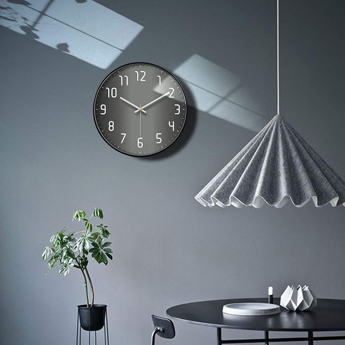 Silent Non-Ticking Analog Wall Clock, Gradient Black, 14'' | Battery Operated, Modern, Metal Frame & HD Tempered Glass, Decorative for Home & Office, Bedroom, Kitchen, Living Room