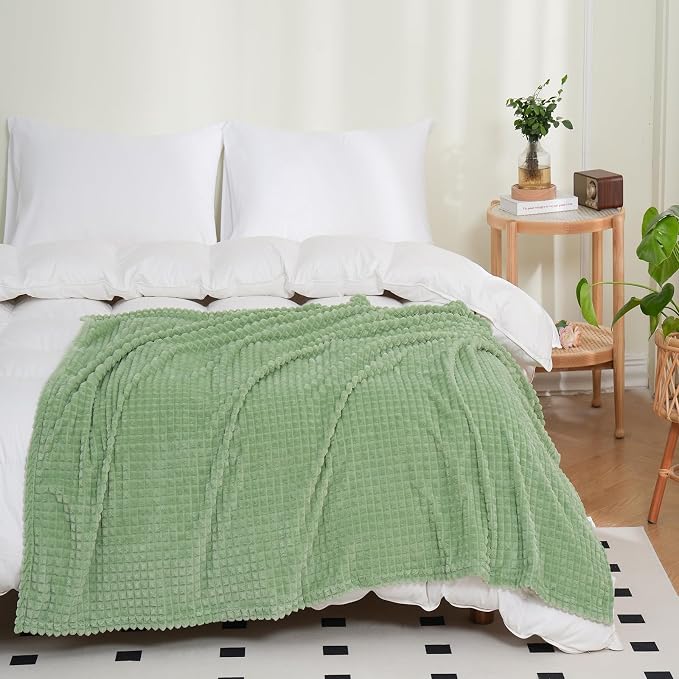 Puncuntex Fleece Throw Blanket Sage Green 90"×90" with Square Grid Design | Super Soft Plush Cozy Flannel Throw Blanket Luxury for Couch Sofa Chair