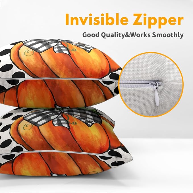 Fall Outdoor Pillows Covers 16x16 Inch Set of 2 Orange Pumpkin Black Polka Dot Decorative Throw Pillowcase Autumn Thanksgiving Seasonal Cushion Case Farmhouse Cotton Linen Pillow Cover for Home Patio