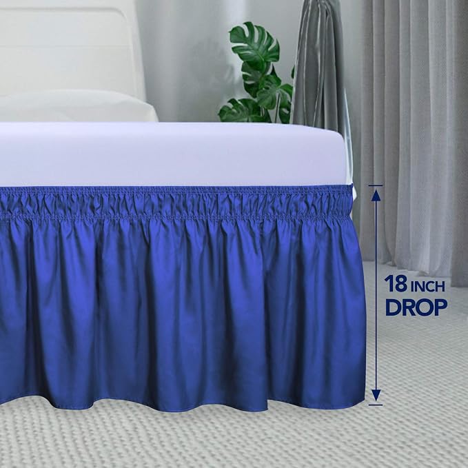 PureFit Wrap Around Ruffled Bed Skirt, Classic Blue, Queen/King - 18" Drop | Wrinkle Free Bedskirt Dust Ruffles, Easy to Put On Frame Cover with Adjustable Elastic Belt