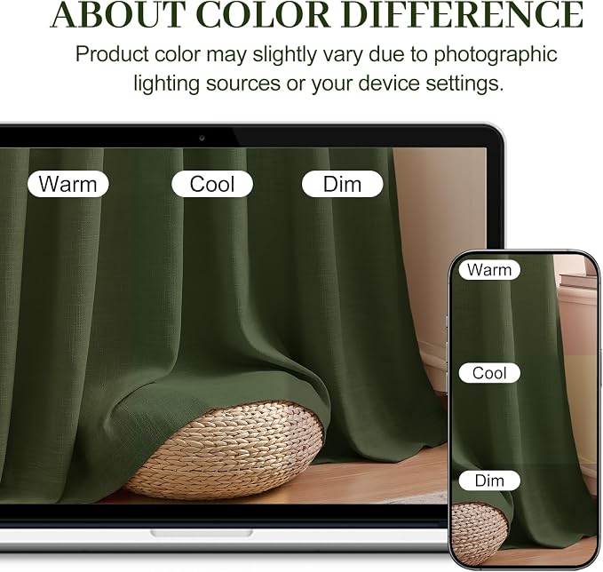 Pinch Pleated Sheer Linen Blend Curtains Light Filtering for Living Room | Living Room, Semi Sheer, Pinch Pleat, Bedroom, Hook Rings, Non See Through, Memory Shape, W40xL90, Olive Green, 2 Panels