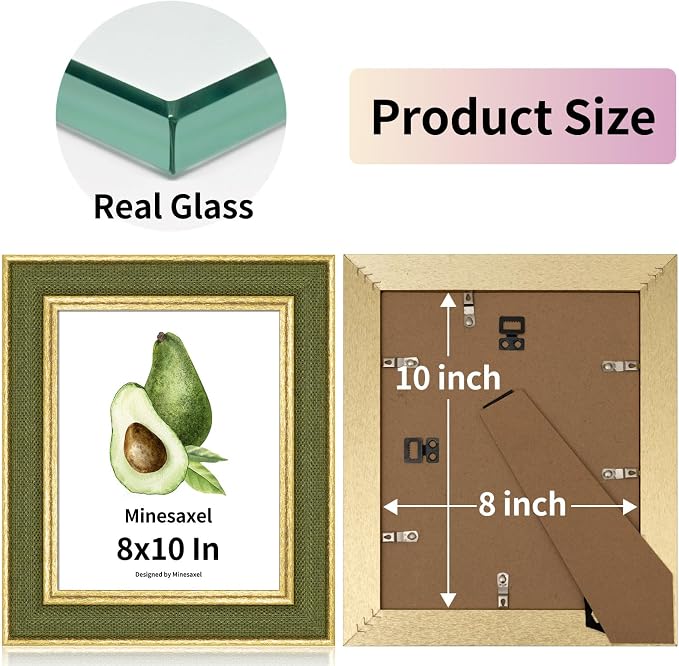 8x10 Picture Frame - Green Fabric & Vintage Gold Border HD Real Glass with Easel for Tabletop/Wall (Family Photos, Cabin Decor 1 Pack)