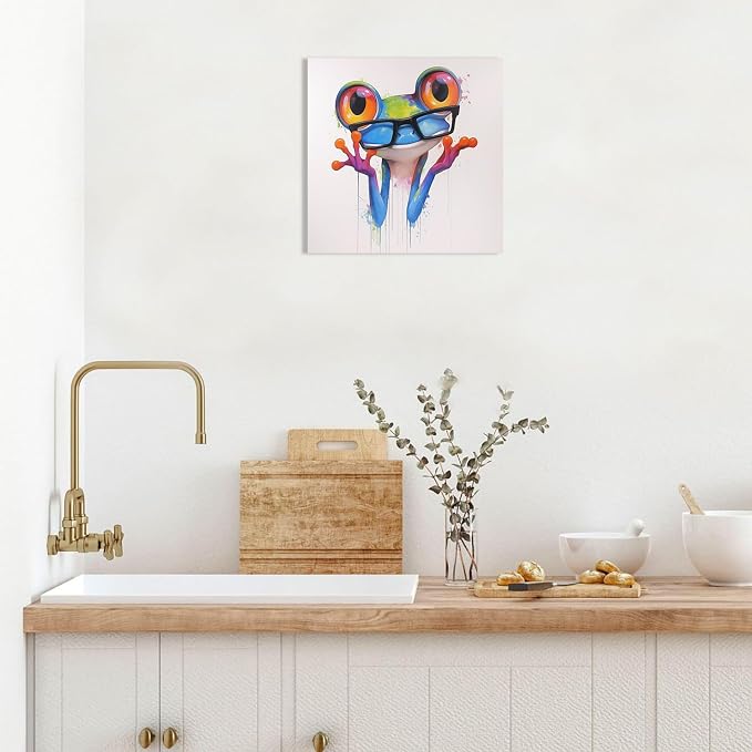 Ypxzzj Colorfull Frog Canvas Wall Art for Bedroom Nursery Kids Room,Cute Animal Frog with Glasses Paintings Pictures for Home Decor,Modern Artworks for Living Room Framed Ready to Hang