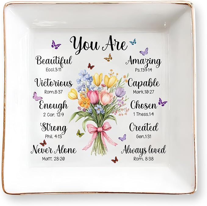 Christian Bible Verse Jewelry Dish, 4" Ceramic Jewelry Tray, Christian GiftS for Women, Birthday, Catholic Gifts for Mom/Grandma, Confirmation Gifts for Daughter