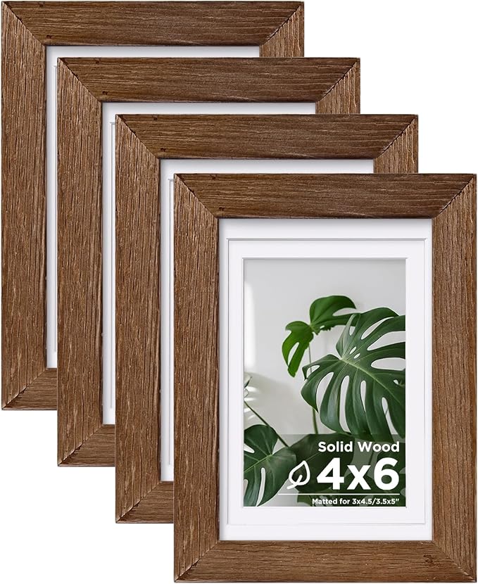Egofine 4x6 Picture Frames Set of 4, Made of Solid Wood Covered by Plexiglass 3x4.5 and 3.5x5 with Mat or 4x6 without Mat, for Table Top Display and Wall Mounting Photo Frame,Walnut Brown