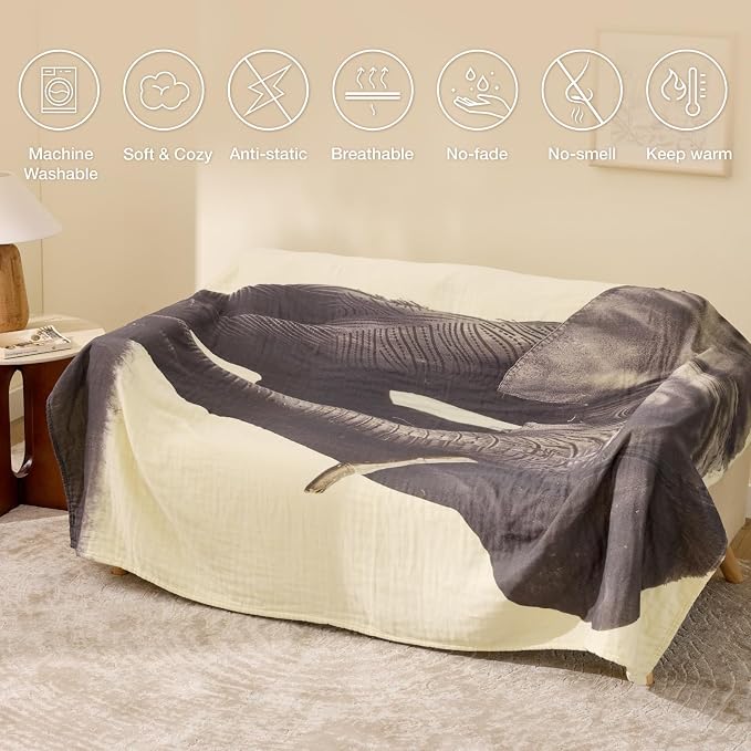 100% Cotton Boho Throw Blanket for Home Decor – Classic Farmhouse Quilt Bedding, Muslin Blankets for Adults, Vintage Woven Decorative Blanket for Couch, Bed Layering Use, Elephant Printed, 104"x90"