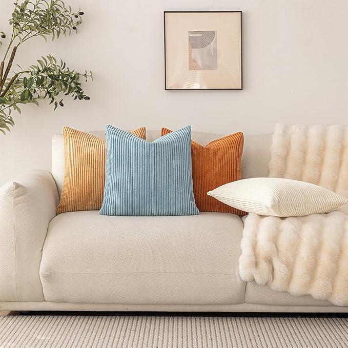 LANANAS Decorative Corduroy Throw Pillow Covers 18x18 Inch Cream-Orange | Set of 4 Neutral Couch Farmhouse Boho Throw Pillows for Living Room, Couch, Bed, Sofa Soft Accent Home Decor