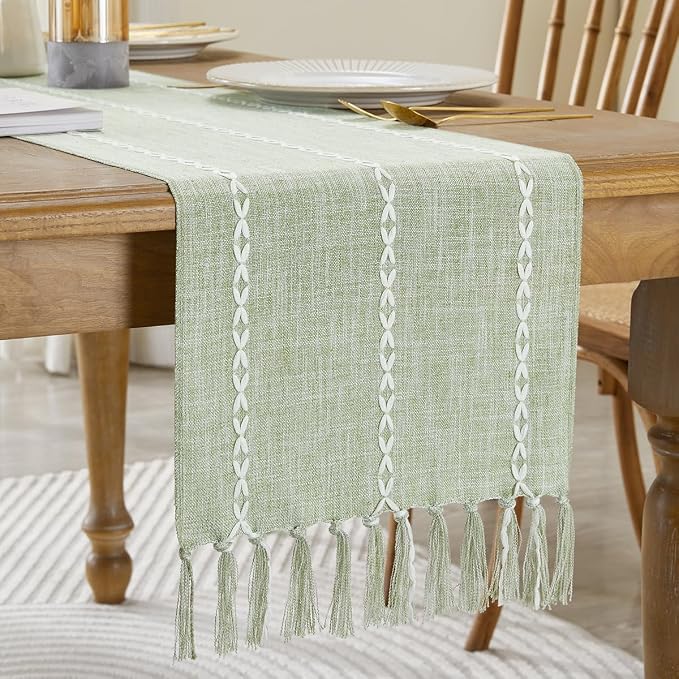 Wracra Rustic Linen Table Runner, Sage Green Table Runners 108 inches Long | Raised Embroidered Design and Hand-Tassels;Cotton Linen Woven Fabric; Farmhouse Table Runner;Home Kitchen Dining Decor
