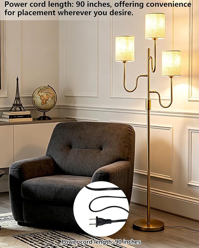 Lightdot 63IN Gold Floor Lamp Dimmable 3-Lights LED Floor Lamps with Cylinder Fabric Shade& Warm White Bulb for Wedding/Party 3-Arm Standing Tall Lamp for Living Room/Bedroom/Sofa Beside/Corner Decor