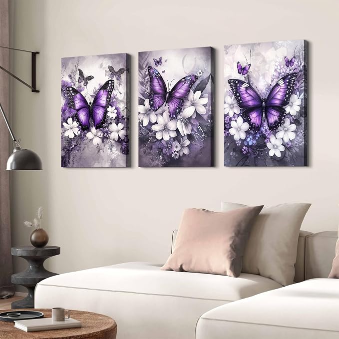 Purple Wall Decor Vintage Floral Wall Art Nature Butterfly Pictures Rustic Blossom Botanical Canvas Prints Farmhouse Wildflower Painting Artwork for Bedroom Living Room Home Decoration 16x24” 3Pcs