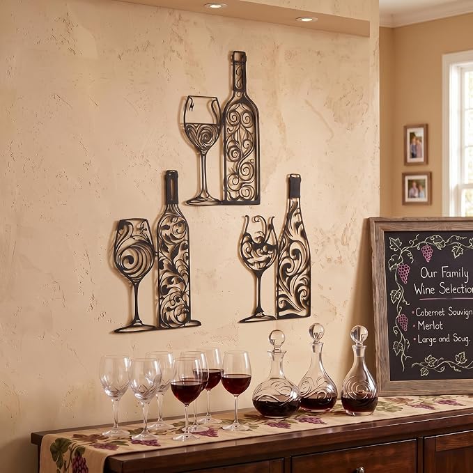 Otoolling 3 Pcs Wine Wall Art Black Metal Wine Sign 3 Style Modern Metal Bar Decor for Wall Drinker Gift for Dining Room and Entertaining Spaces(Filigree)