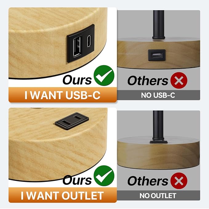 KPQ Bedside Lamp Touch Control Table Lamp with USB A+C Charging Ports & AC Outlet 3-Way Dimmable Nightstand Lamp with Linen Fabric Shade (Beige Shade-Wood Base, 14" Small Size Touch Control)