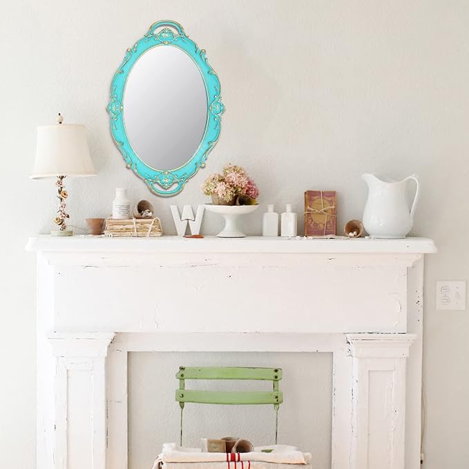 Eaoundm 14.5 x 10 inchs Oval Wall Mirror Vintage Hanging Mirror (Blue) | Antique Decorative